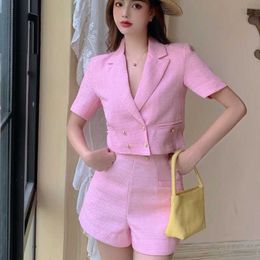 Moda de verano de alta calidad elegante dulce mujer Tweed conjunto de dos piezas de manga corta Top chaqueta abrigo + Pantalones cortos 210531