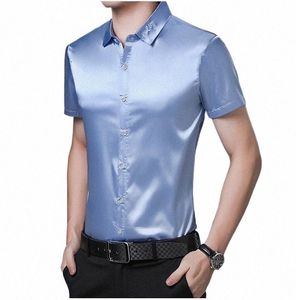 Chemises en soie pour hommes d'été de haute qualité, couleur pure, satin décontracté, manches courtes, vêtements doux, V3Uu #