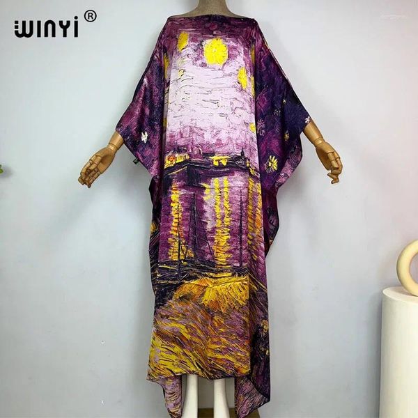 Alta calidad verano Moda musulmana Boho impreso seda Kaftan Maxi vestido playa bohemio largo para mujeres