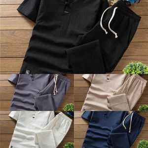 Hoge kwaliteit zomer dunne linnen set, heren katoen slanke korte mouwen t-shirt effen kleur grote maat losse casual broek S-5XL x0610