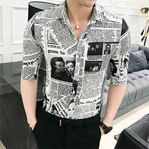 Camisa de esmoquin de verano de alta calidad Media manga Slim Fit Impresión de papel Hombres Casual Night Club Vestido de fiesta S Mens 3XL-M 210626