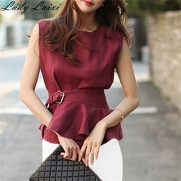 Hoge kwaliteit zomer vrouwen mode shirts O-hals mouwloze gorded blouse elegante katoenen linnen tops femme chemise blusas lj200812