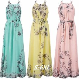 Vestidos largos de verano de alta calidad Vestidos largos Beach Floral Soft Chiffon Boho Maxi Vestido con fajas Cuerta sin mangas Femenina 240411