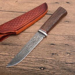 Couteau de chasse droit de survie de haute qualité VG10 lame à point de chute manche en palissandre couteaux à lame fixe avec gaine en cuir CNC