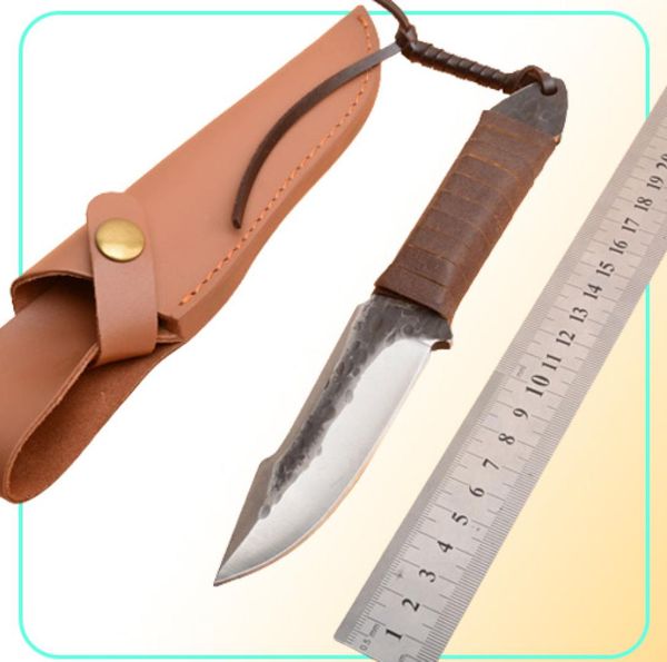 Cuchillo de caza recto de supervivencia de alta calidad Hoja de caída de acero de alta calidad cuchillas de mango de espiga completa con vaina de cuero 2913456