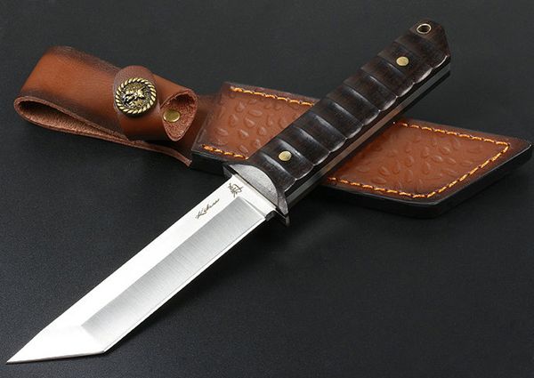 Couteau droit de survie de haute qualité 5Cr13Mov Satin Tanto Point Blade Full Tang Ebony Handle Couteaux tactiques avec gaine en cuir