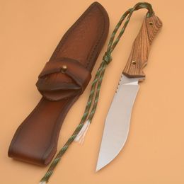 Cuchillo recto de supervivencia de alta calidad, cuchillas de satén 8Cr13Mov, cuchillos de hoja fija con mango de wengué de espiga completa con funda de cuero