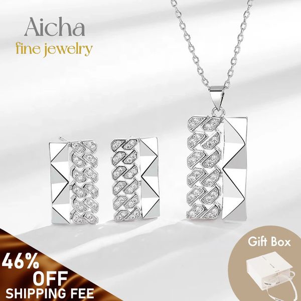 Alta calidad texturizada Sparkle Bling Crystal Geométrico Mental Gem Plate Stud Pendientes Collar Colgante Mujeres Joyería Fina Set 240227