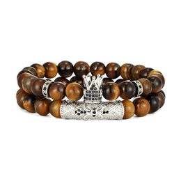 Hoge Kwaliteit Tiger Eye Beads Strands Armbanden CZ Copper Tube Crown Charm Bracelet 2pcs / Set