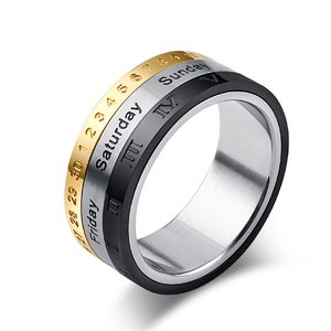 Hoge kwaliteit titanium stalen kalender ring Romeinse cijfers tijd driekleurige mannen beurt de ring Arabische cijfercipreren paar ringen