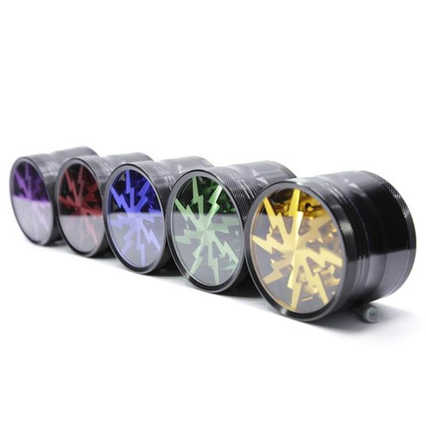 Sacapuntas de alta calidad 4 capas 12 colores 63 mm Molinillos de tabaco de aleación de aluminio con iluminación de ventana superior transparente Molinillo de dientes WY974 ZWL