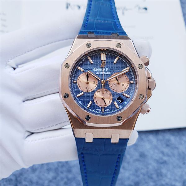 Haute qualité Top marque Audexxx Pigxxx cadran bleu or rose bracelet en cuir saphir miroir miroir multifonctionnel chronographe mouvement à quartz montre homme