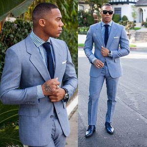 Hoge Kwaliteit Twee Knop Licht Blauw Bruidegom Tuxedos GroomsMen Notch Revers Beste Man Blazer Mens Bruiloft Pakken (Jas + Broek + Tie) H: 855