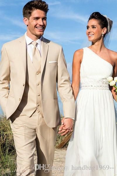 Haute qualité deux boutons beige marié smokings garçons d'honneur cran revers meilleur homme blazer costumes de mariage pour hommes (veste + pantalon + gilet + cravate) H: 720