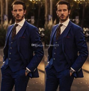 Haute qualité deux boutons bleu marine mariage smokings marié cran revers garçons d'honneur hommes costumes de bal formels (veste + pantalon + gilet + cravate) W170