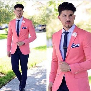 Alta calidad, dos botones, esmoquin rosa para novio, padrino de boda, solapa de muesca, Blazer para hombre, trajes de boda, chaqueta, pantalones, corbata D38242K