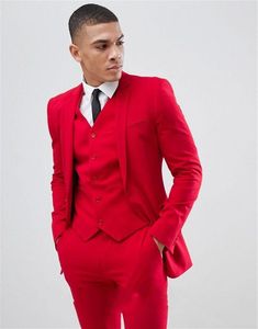 Haute qualité deux boutons rouge mariage hommes costumes cran revers trois pièces affaires marié Tuxedos (veste + pantalon + gilet + cravate) W1075
