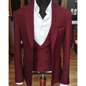 Hoge kwaliteit twee knoppen wijn bruidegom smoking piek revers heren pakken bruiloft / prom / diner beste man blazer (jas + broek + vest + stropdas) w390