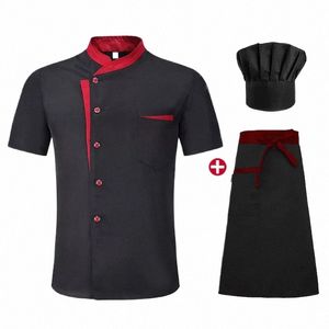 Haute qualité unisexe chef uniforme hôtel cuisine vêtements de travail à manches courtes chef restaurant uniforme chemise de cuisine veste + chapeau + avril O4BH #