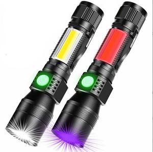 Hoge kwaliteit USB oplaadbare zaklamp zaklamp aluminium zoom 7 verlichtingsmodi UV-zaklamp draagbare multifunctionele magent Falshlight met COB-verlichting