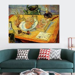 Hoge kwaliteit Vincent van Gogh olieverfschilderij stilleven met tekentafel pijp uien zegellak handgemaakte canvas kunst wanddecoratie