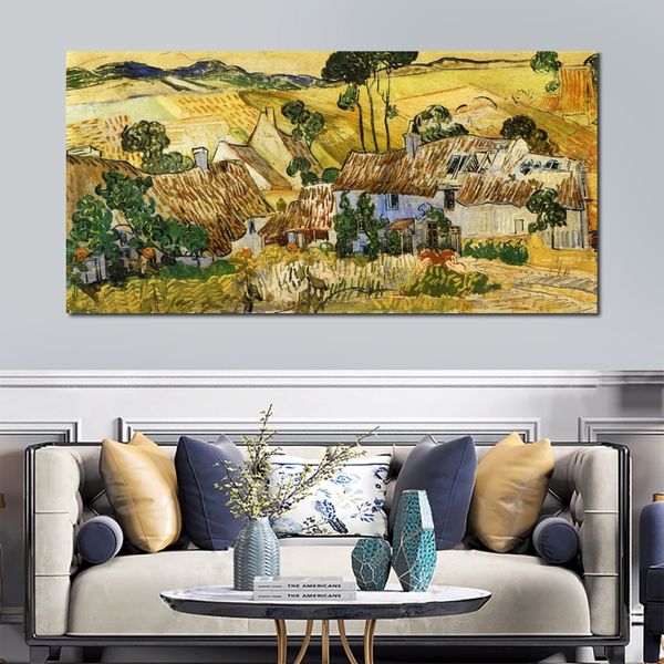 Pintura al óleo de Vincent Van Gogh de alta calidad, casas con techo de paja contra una colina, lienzo hecho a mano, arte, paisaje, decoración del hogar para el dormitorio