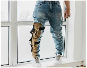 Hoogwaardige vintage gewassen slanke stretch denim jeans kaki pocket patch verontrustende motorje jeans acht zakken stylen y190605015270963