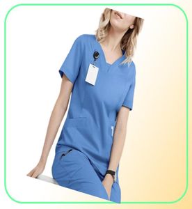 Hoogwaardig Vneck Scrub Tops Beauty Salon Verpleging Elastische taille Pants unisex Ademende uniform Accessorie7956736