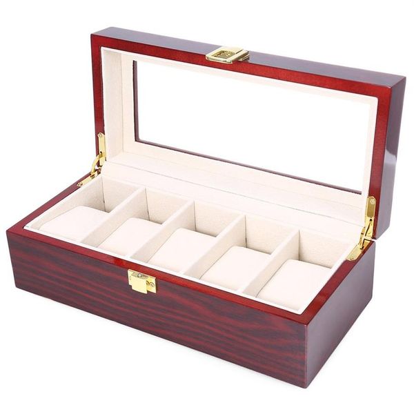 Boîtes de montres de haute qualité, 5 grilles, affichage en bois, laque de Piano, organisateur de rangement de bijoux, étui de collections de bijoux, cadeaux 284k