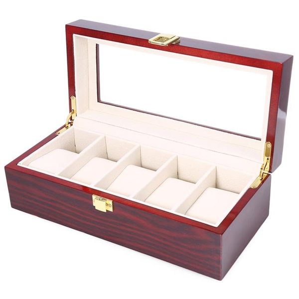 Boîtes de montres de haute qualité 5 grilles en bois affichage Piano laque bijoux stockage organisateur bijoux Collections étui Gifts297H