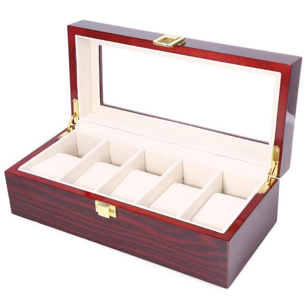 Montres Boîtes Cas Haute Qualité 5 Grilles En Bois Affichage Piano Laque Bijoux Stockage Organisateur Collections Cas Cadeaux