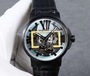 Hoge Kwaliteit Horloges 43mm Executive Skeleton Tourbillon Black PVD 1713-139Ele / Hypersspace.3 Autoamtic Mens Horloge Blauw Wijzerplaat Lederen Band Rents Sport Horloges