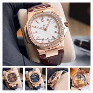 Montres de haute qualité 5713 40mm Diamond Bezel Rose Gold CAL.324 Autoamtic Mens Watch Bleu Marron Blanc Cadran Bracelet En Cuir Sport Gents Montres-bracelets