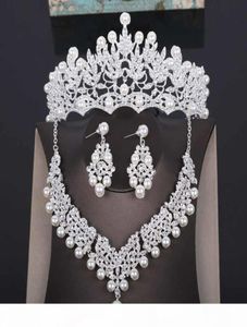 Hoogwaardige bruiloft Kroon Brutaal Hoofdstuk Pearl Tiara Sieraden Vrouwen Haaraccessoires Set Silver Headpiece Big Pageant Crown J195299226