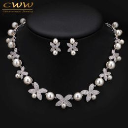 Haute qualité couleur or blanc Micro incrustation zircon cubique grande perle collier ras du cou de mariée ensembles pour bijoux de mariage T247 H1022