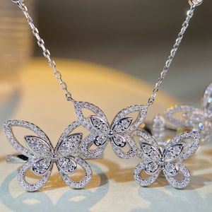 Hoge kwaliteit wit verguld 925 sterling zilver Bling CZ vlinder studs oorbellen ketting voor meisjes vrouwen mooie sieraden cadeau