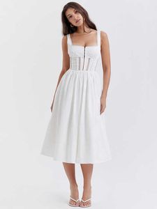 Hoogwaardige witte kanten trim Midi -jurken voor dames 2023 Beach Vacation Party Outfits Robe Chic Zoete Summer Sundress