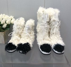 Hoogwaardige witte lange vacht warme sneeuwlaarzen merk luxe ontwerper dames schoenen pluche middenkalf sneeuwlaarzen dikke hakken ronde hoofd veter gemengde kleuren laarzen