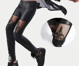 Hoge Kwaliteit hele Punk Zwart kunstleer gothic kant Legging vrouwen bandage lace up leggings goedkope broek broek LJ200923030838