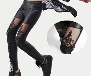 Legging de encaje gótico de cuero sintético negro Punk de alta calidad para mujer, leggings con cordones, pantalones baratos, pantalones LJ200923030838