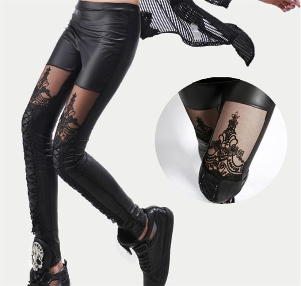 Legging de encaje gótico de cuero sintético negro Punk de alta calidad para mujer, leggings con cordones, pantalones baratos, pantalones LJ200924560444