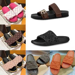 damespantoffels van hoge kwaliteit zwarte roos MODELLEN Plat platform Sandalen Zwembadkussen Muiltjes Sunset Padded Front Strap Mule house slippers coach outdoor Slide