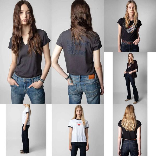 Womans de alta calidad Zadig Voltaire Tendencia de diseñador Designer Delicado Love Diamond y Black Short Shirt ZV Diseñador T Shirt Womenclothes Mujer 45