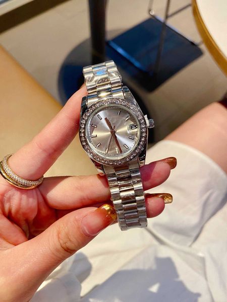 Reloj de diseñador de alta calidad para mujer, reloj de pulsera con calendario de movimiento de cuarzo, esfera de diamante de 32mm, correa de acero inoxidable, reloj de lujo con espejo de zafiro