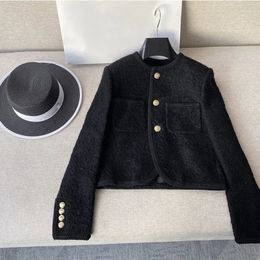 Chaquetas de moda de alta calidad para mujer, abrigos elegantes de Tweed negro con dos bolsillos y botones dorados, ropa para mujer 240113