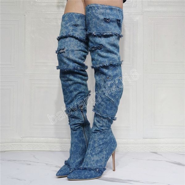 Haute qualité femmes mode bout pointu bleu Denim sur les bottes au genou Patchwork Long talon haut Jean bottes moto botte grande taille