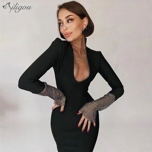 Hoge kwaliteit dames zwarte visnet lange mouw glanzend holle sexy midi elegante beroemdheid banket jurk vestidos 210525