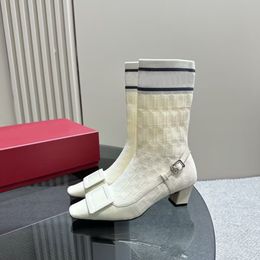 Hochwertige nackte Damenstiefel, modisch, gestrickt, bedruckt, Leder, Schnalle, genäht, Stiefel mit hohem Absatz, 4,5 cm, Show, Party, Hochzeit, Outdoor, Socken und Schuhe, passende Box 35–41