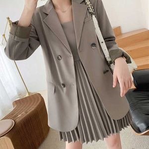 Hoge kwaliteit vrouwen pakken grote maat XL-5XL herfst losse dubbel-breasted blazer vrouwen casual geplooide jurk pak 210527