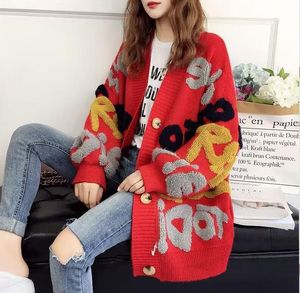 Hoge kwaliteit damessweaters oversized los gebreid Designer lente herfst fleece Handdoek borduurvesten trui lang rood Sweaterjack voor dames